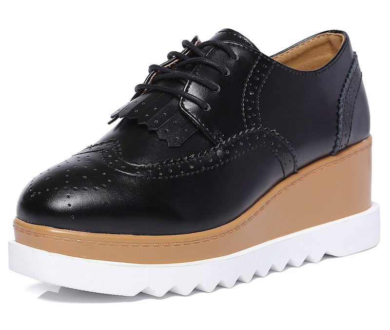 DADAWEN Women's Fashion Tassels Square-Toe Lace-up Platform Wedge Oxford Shoes Black US Size 7.5 - Image 1